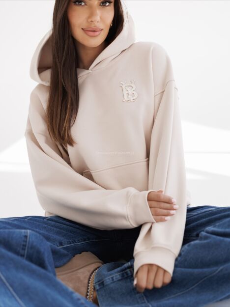 BY O LA LA! OVERSIZOWA BLUZA KANGURKA Z LOGO BEŻ