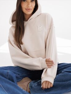 BY O LA LA! OVERSIZOWA BLUZA KANGURKA Z LOGO BEŻ