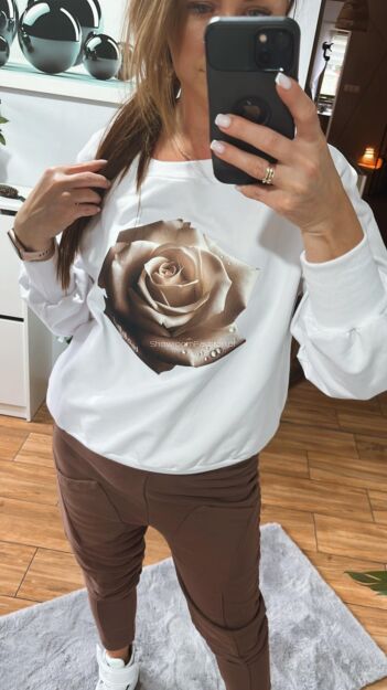 BY O LA LA! BLUZA Z RÓŻĄ BIAŁA/CZEKOLADA