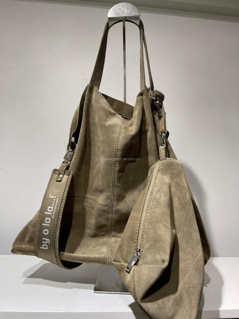 BY O LA LA ! TOREBKA SKÓRZANA SHOPPER Z SASZETKĄ KHAKI