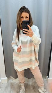 BY O LA LA...! OVERSIZOWY SWETER W PASY SZAROŚĆ/ŚMIETANA/PUDER