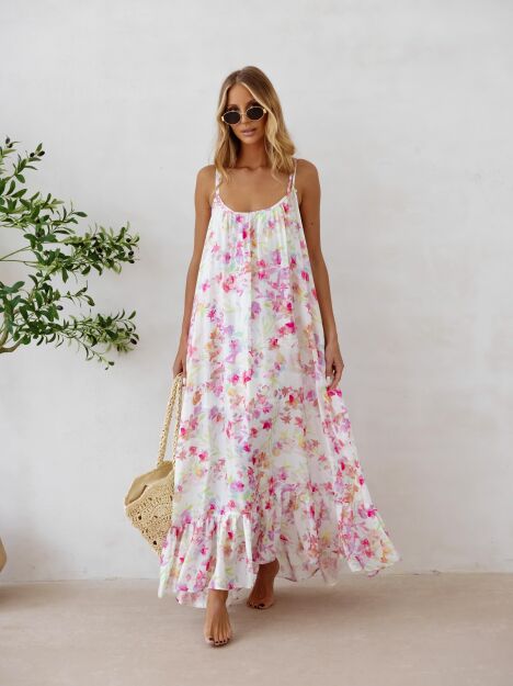 BY O LA LA! SUKIENKA MAXI Z HALKĄ FLORA OFF WHITE/RÓŻ/FIOLET