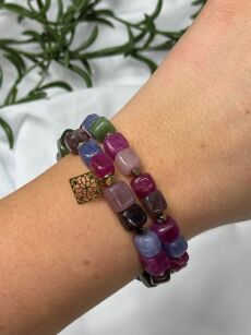 BY O LA LA ! BRANSOLETKA Z KAMIENI NATURALNYCH KWADRATOWA FIOLET/ZIELEŃ/MULTICOLOR/ZŁOTO