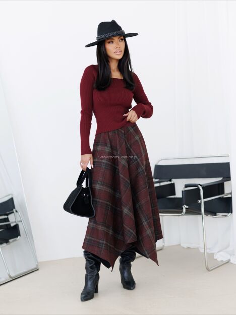 BY O LA LA! ROZKLOSZOWANA SPÓDNICA W KRATĘ MERLOT (BORDO)
