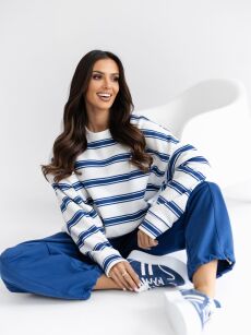 BY O LA LA!  OVERSIZOWA BLUZA W PASY MAVIS OFF WHITE/DENIM