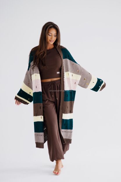 BY O LA LA...! SWETER KARDIGAN Z DZIURAMI W GRUBE PASY BRĄZ/ZIELEŃ/TAUPE/ŻÓŁTY/PUDER