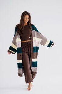 BY O LA LA...! SWETER KARDIGAN Z DZIURAMI W GRUBE PASY BRĄZ/ZIELEŃ/TAUPE/ŻÓŁTY/PUDER