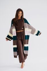 BY O LA LA...! SWETER KARDIGAN Z DZIURAMI W GRUBE PASY BRĄZ/ZIELEŃ/TAUPE/ŻÓŁTY/PUDER