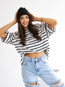 BY O LA LA! BLUZKA T-SHIRT W PASKI Z PODUSZKAMI OFF WHITE/CZERŃ