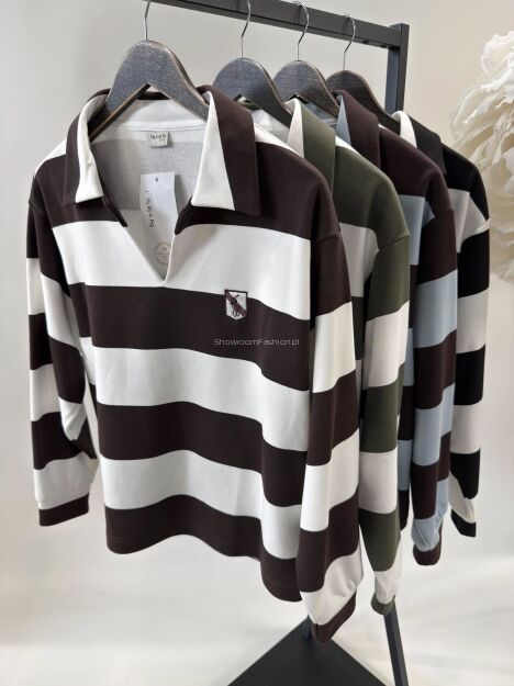 BY O LA LA! BLUZA POLO W PASY PERŁA/CZERŃ
