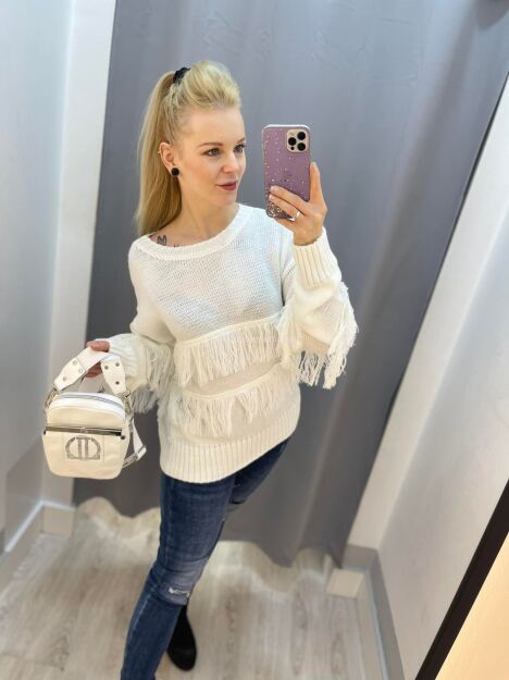 BY O LA LA...! SWETER BOHO Z FRĘDZLAMI ŚMIETANA
