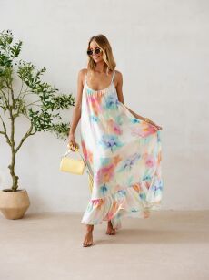 BY O LA LA! SUKIENKA MAXI Z HALKĄ FLORA ŚMIETANA/TURKUS/BŁĘKIT/POMARAŃCZ