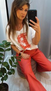 BY O LA LA! BLUZKA T-SHIRT "B" BIEL/FIESTA RED