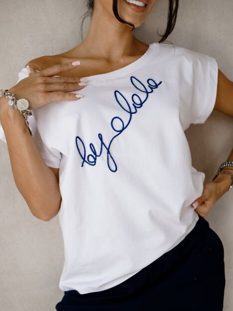 BY O LA LA! BLUZKA T-SHIRT WYSZYWANE LOGO BIEL/GRANAT