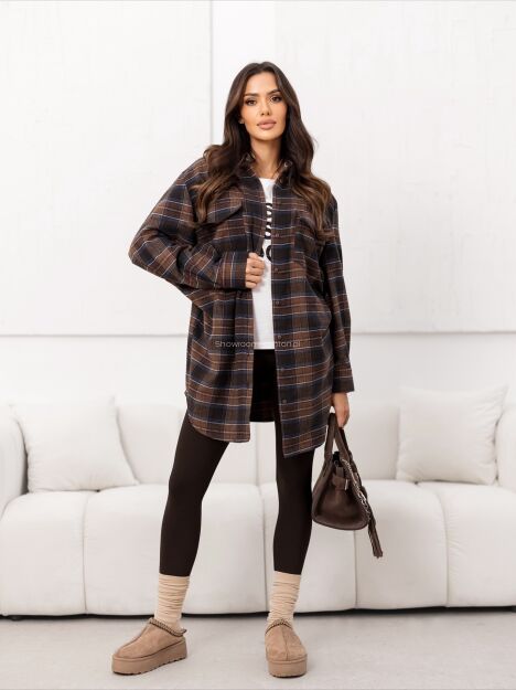 BY O LA LA! DŁUGA FLANELOWA KOSZULA W KRATĘ CZEKOLADA/GRANAT