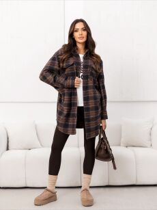BY O LA LA! DŁUGA FLANELOWA KOSZULA W KRATĘ CZEKOLADA/GRANAT