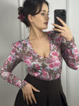 LA MILLA BAWEŁNIANE BODY V-NECK FLOWERS BRĄZ/RÓŻ/BŁĘKIT/BIEL - 2