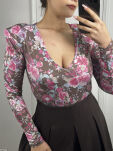 LA MILLA BAWEŁNIANE BODY V-NECK FLOWERS BRĄZ/RÓŻ/BŁĘKIT/BIEL - 3