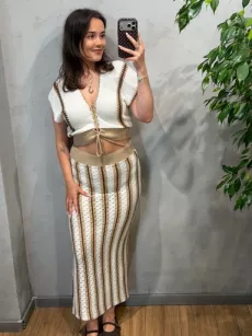 ROYAL CLUB KOMPLET TOP/KIMONO + SPÓDNICA CASABLANCA PIASKOWY BEŻ/ŚMIETANA