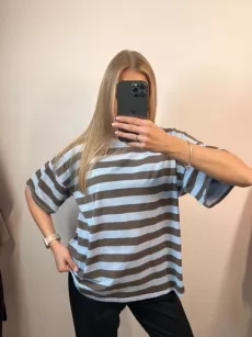 BLUZKA T-SHIRT OVERSIZE W PASY MARTINA BŁĘKIT/BRĄZ