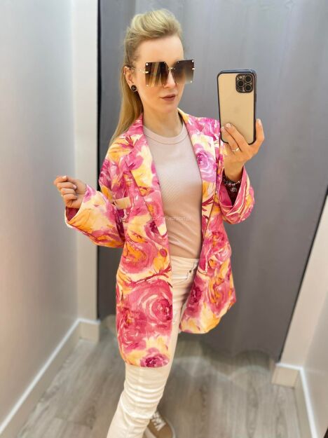 BY O LA LA! OVERSIZOWA MARYNARKA FLORAL FUKSJA/POMARAŃCZ