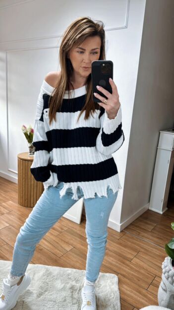 BY O LA LA.. ! SZARPANY SWETER W PASY BIEL/GRANAT