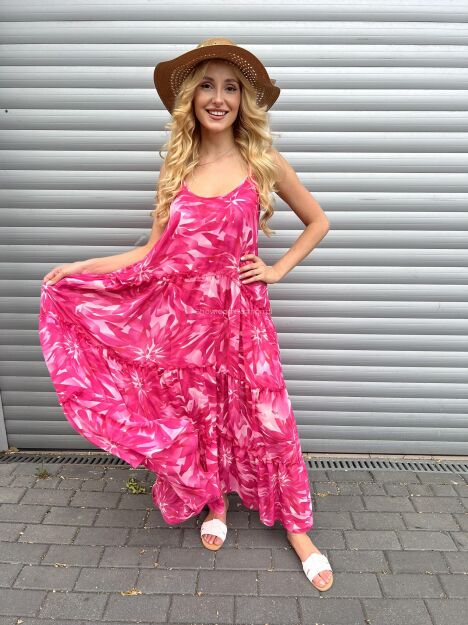 BY O LA LA! SZYFONOWA SUKIENKA MAXI KWIATY RÓŻ