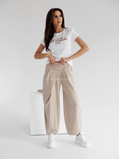 BY O LA LA...! SPODNIE ASYMETRYCZNA ZASZEWKA TERRY BEŻ