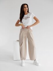 BY O LA LA...! SPODNIE ASYMETRYCZNA ZASZEWKA TERRY BEŻ