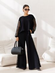 BY O LA LA...! SPODNIE WIDE LEG Z KORONKOWYMI LAMPASAMI CZARNE