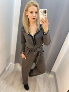 BY O LA LA...! DZIANINOWY KOMBINEZON Z KAPTUREM SZARY MELANŻ