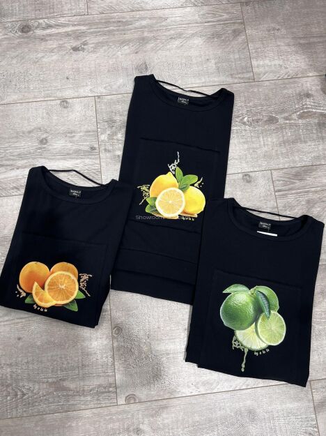 BY O LA LA! BLUZKA T-SHIRT FRUIT CZERŃ/CYTRYNA