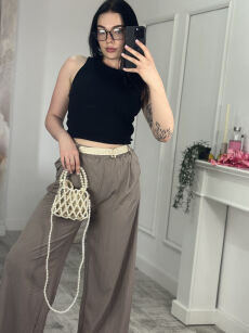 WISKOZOWE SPODNIE WIDE LEG Z PASKIEM UNIQUE BRĄZ