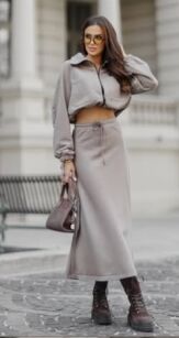 BY O LA LA! DRESOWA SPÓDNICA MIDI STONE (TAUPE)