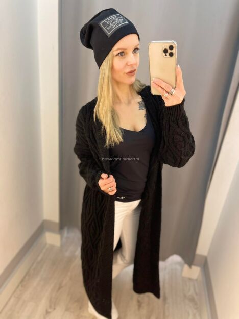 BY O LA LA...! PŁASZCZOWY KARDIGAN WARKOCZ CZARNY