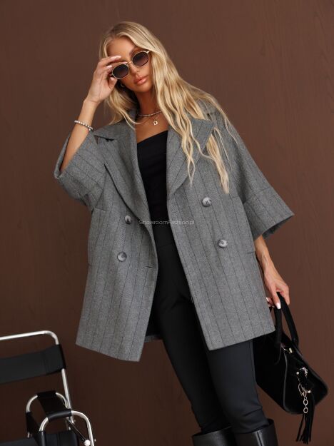 BY O LA LA! WEŁNIANY PŁASZCZ JODEŁKA W PASY SZARY (SMOKE GREY)