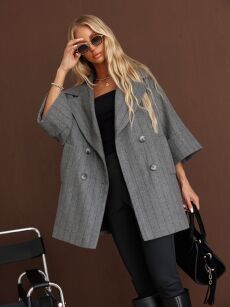 BY O LA LA! WEŁNIANY PŁASZCZ JODEŁKA W PASY SZARY (SMOKE GREY)