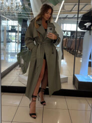 EMO DŁUGI PŁASZCZ TRENCZ Z PAGONAMI KHAKI