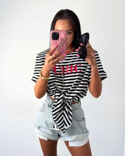 LA MILLA BLUZKA T-SHIRT CHIC Z WĘZŁĘM W PASY CZERŃ/BIEL/CZERWIEŃ