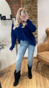 BY O LA LA! SPODNIE JEANSY RURKI NASZYWKA Z DŻETAMI NIEBIESKE