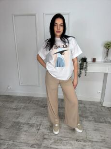 BY O LA LA!  LEKKIE SPODNIE WIDE LEG Z SZORTAMI BEŻ