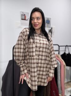 SEMPRE DŁUGA OVERSIZOWA KOSZULA W KRATĘ BRĄZ/ŚMIETANA/KARMEL/SZAROŚĆ