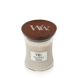 WoodWick - Warm Wool - średnia świeca zapachowa z drewnianym knotem