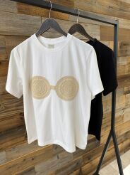 BY O LA LA! BLUZKA T-SHIRT Z PLECIONKĄ BOHO BIEL/BEŻ