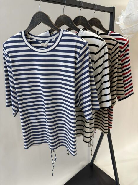 BY O LA LA! BLUZKA T-SHIRT W PASKI Z PODUSZKAMI OFF WHITE/DENIM