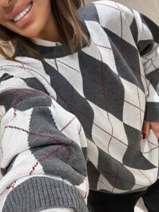 EMO SWETER W ROMBY SZAROŚĆ/BIEL/CZERWIEŃ