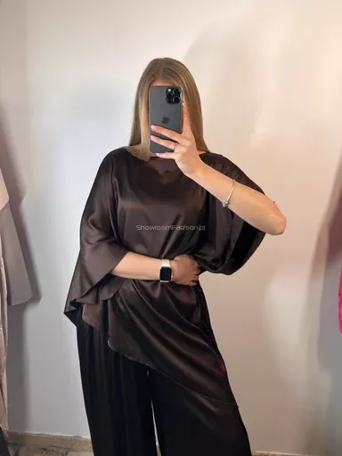 ASYMETRYCZNA BLUZKA SATYNOWA DOLCE VITA CZEKOLADA