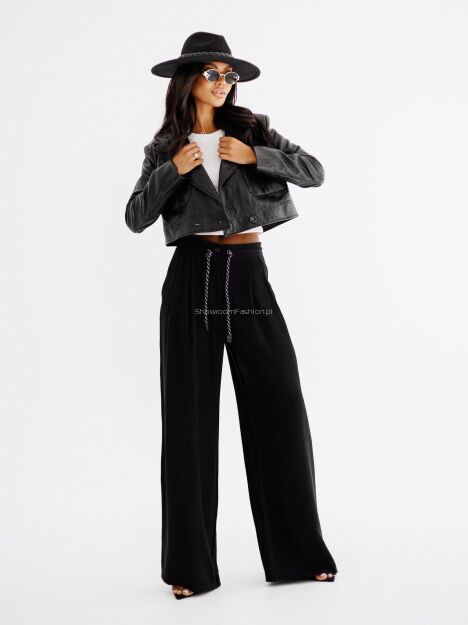 BY O LA LA! SPODNIE WIDE LEG Z TROKAMI W PASIE CZARNE