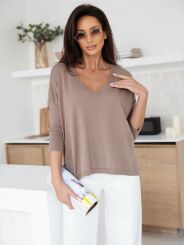 BY O LA LA...! OVERSIZOWY SWETER V-NECK ZOE KAKAO