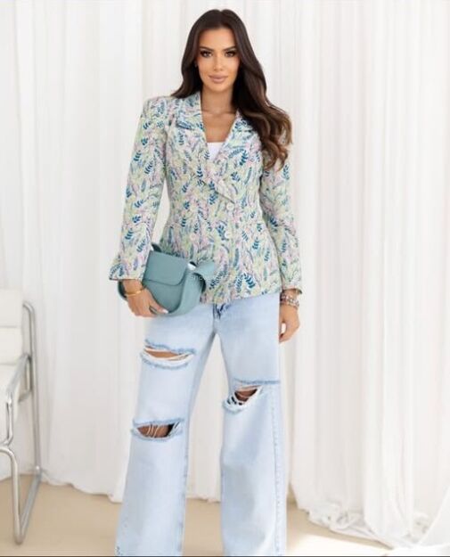 BY O LA LA...! MARYNARKA ŻAKARDOWA W KWIATY NUDE/DENIM/RÓŻ